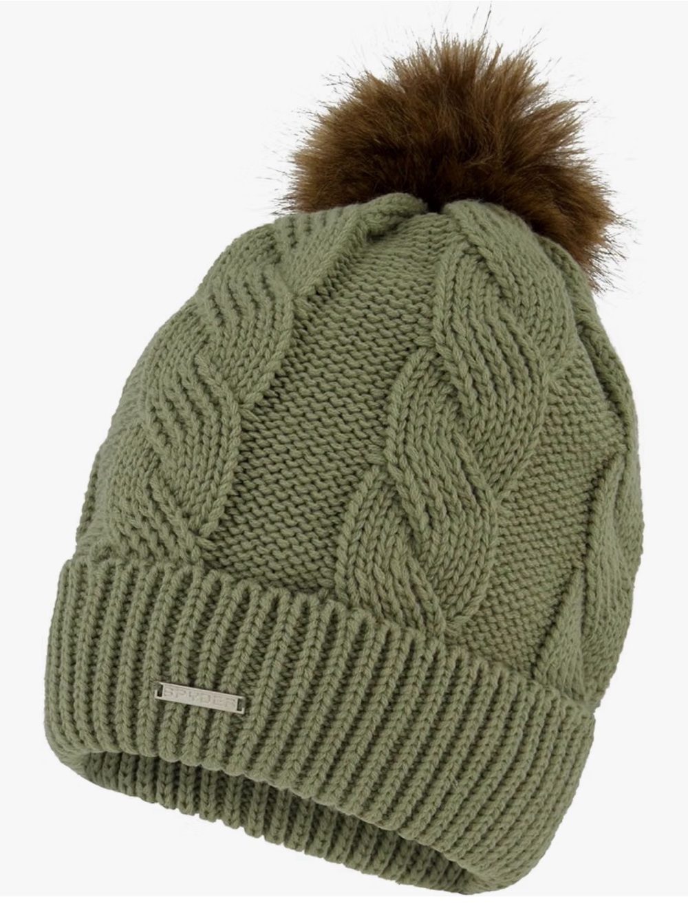 028 Spyder Olive Cable-Knit Pom Sage Beanie with Faux Fur Pom Ribbed Cuff NWT